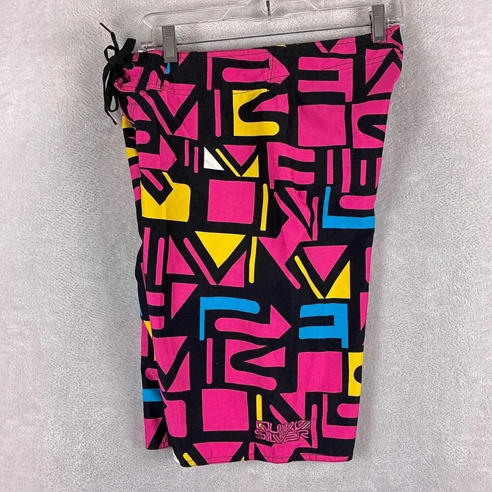 VTG Quiksilver Board Shorts Men 30 Pink Black QS Typo Colorblock Skate Surf Y2K